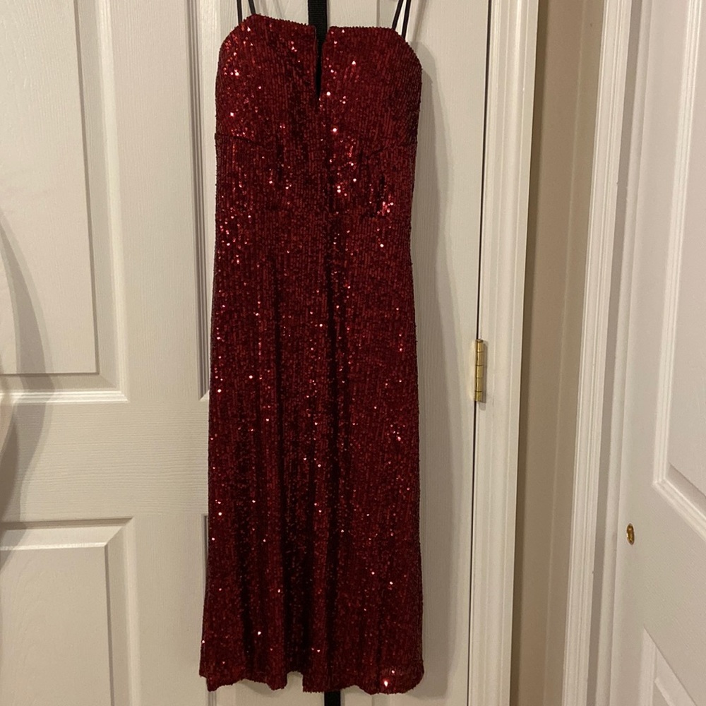 Burgundy strapless sequin dress. Size 10.